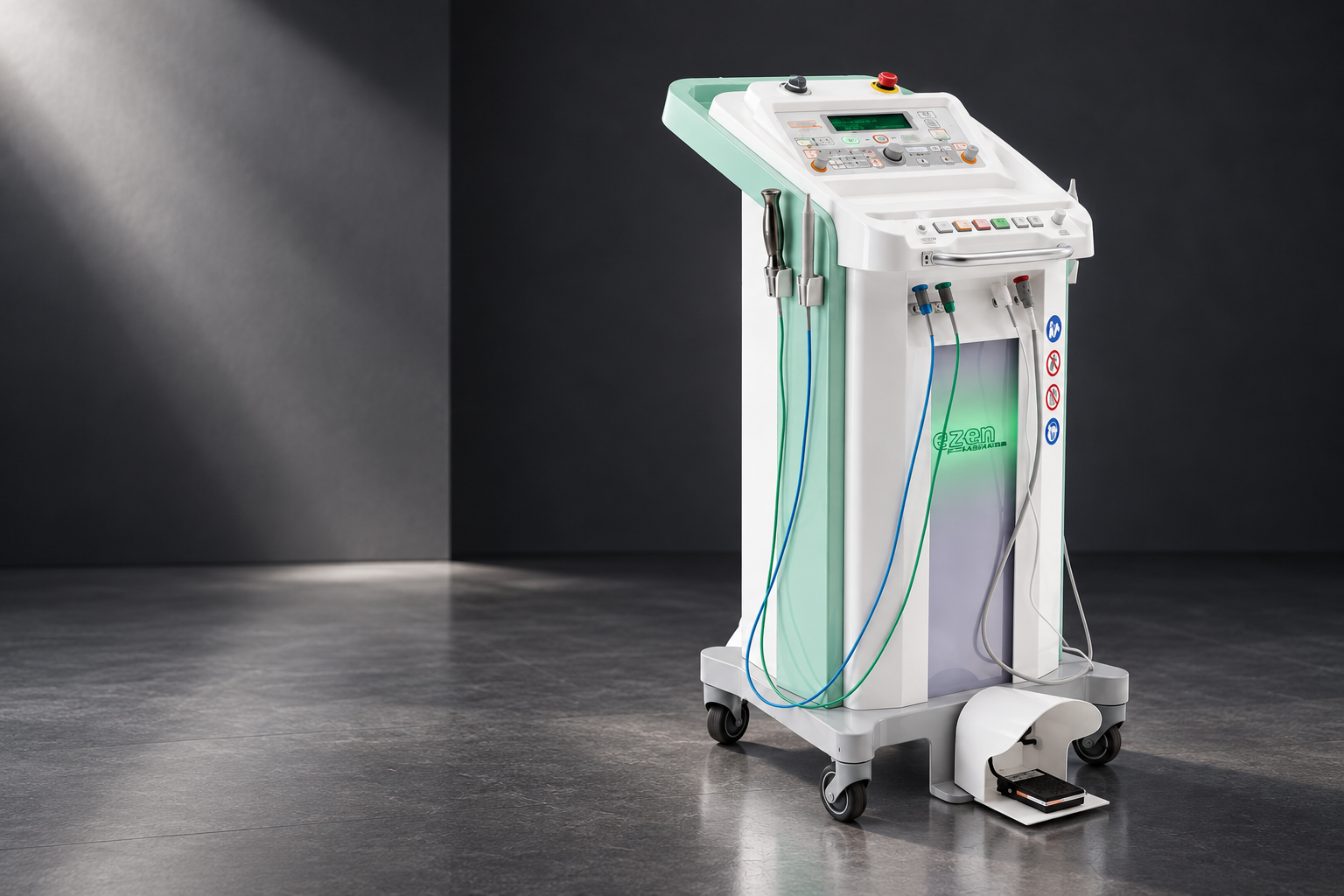 차콜 배경의 EZEN PLASMA 치과용 복합의료기기